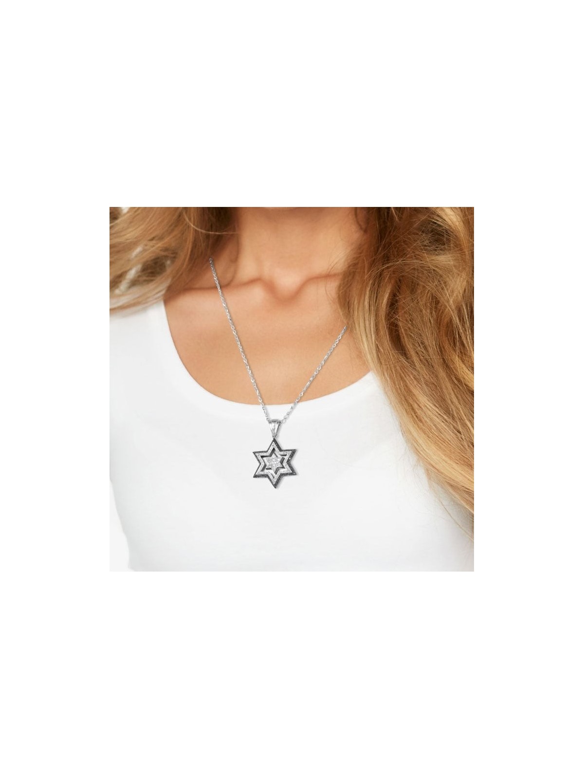 תליון מגן דוד כפול זהב לבן 14K עם קוטר 172 שחור ולבן