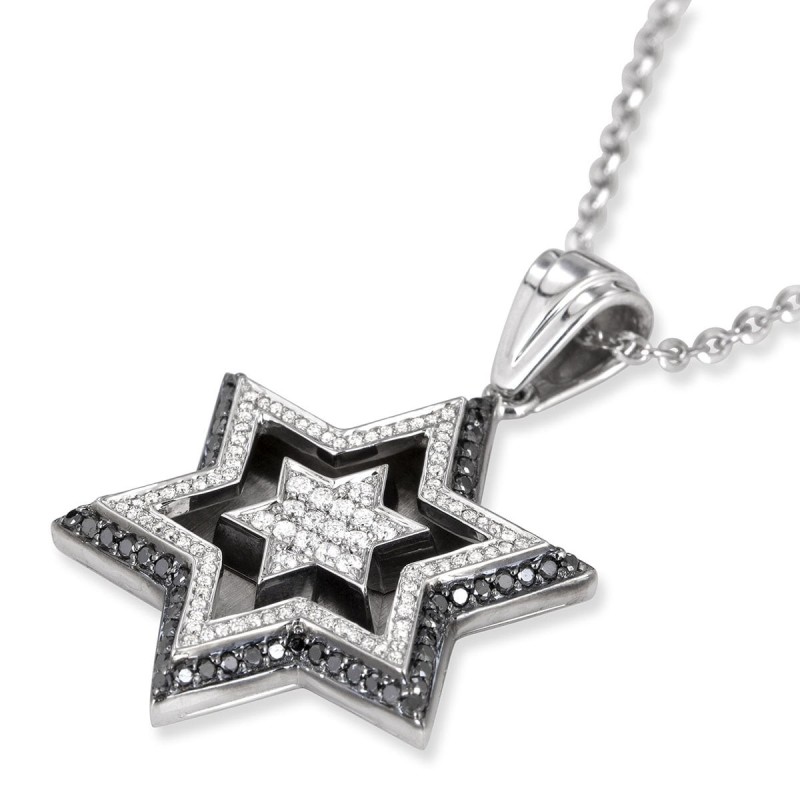 תליון מגן דוד כפול זהב לבן 14K עם קוטר 172 שחור ולבן