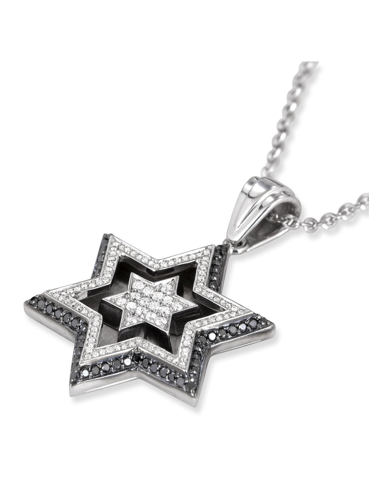 Pendentif double étoile de David en or blanc 14 carats avec 172 diamètres noir et blanc