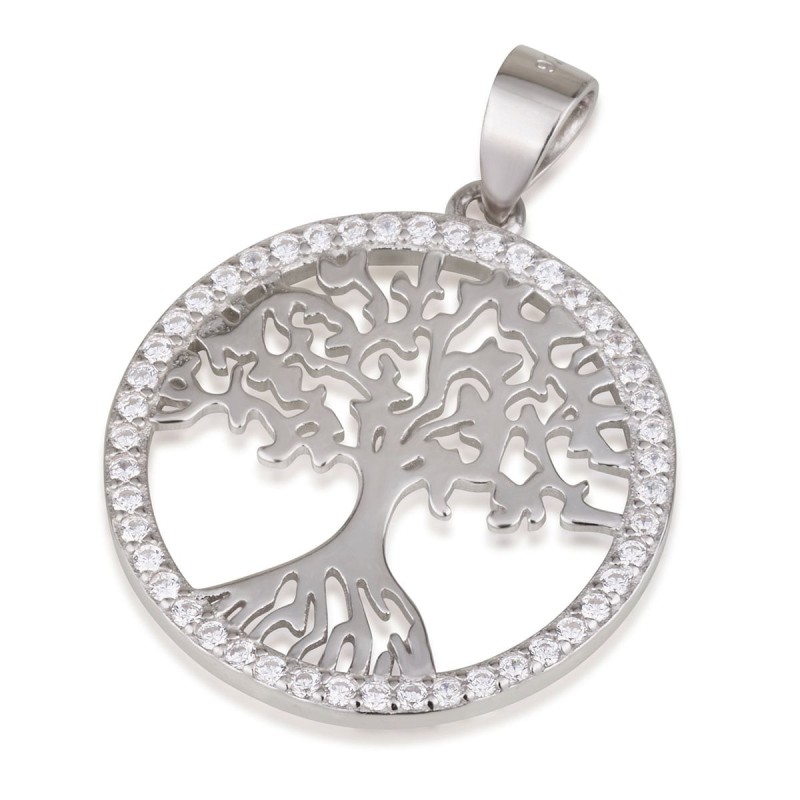 925 Sterling Silver and Rhodium-Plated Tree of Life Pendant With Zirco
