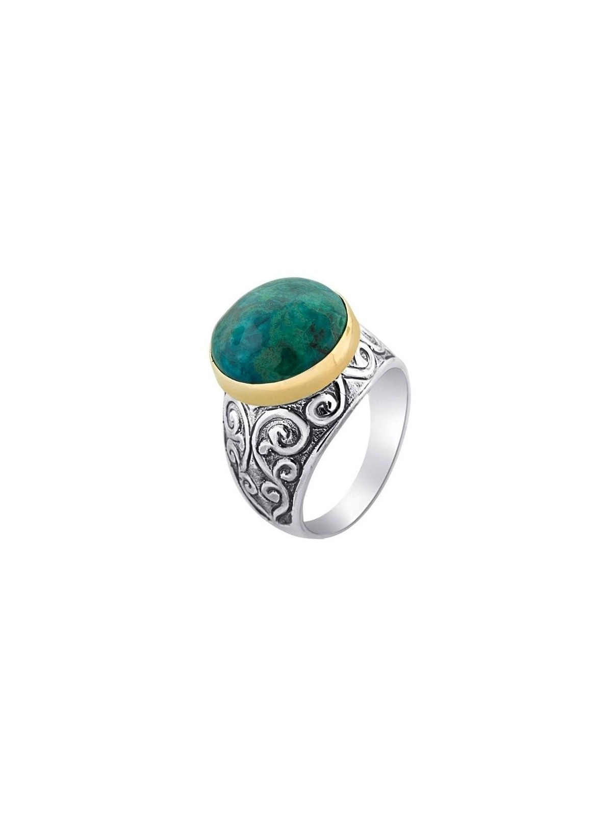 Ornamented Eilat Stone, Silver and Gold Ring
