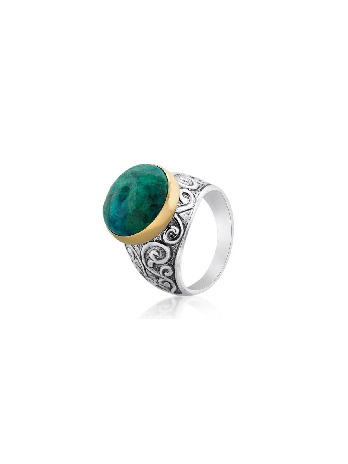Ornamented Eilat Stone, Silver and Gold Ring