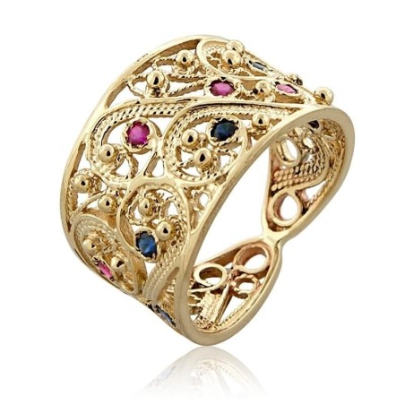 14K Gold and Gemstones Filigree Ring