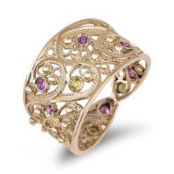 14K Gold Filigree Ring with Pink Sapphires and Tsavorite