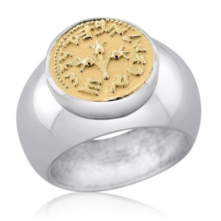 Large Gold & Silver Half Shekel Pomegranate Ring