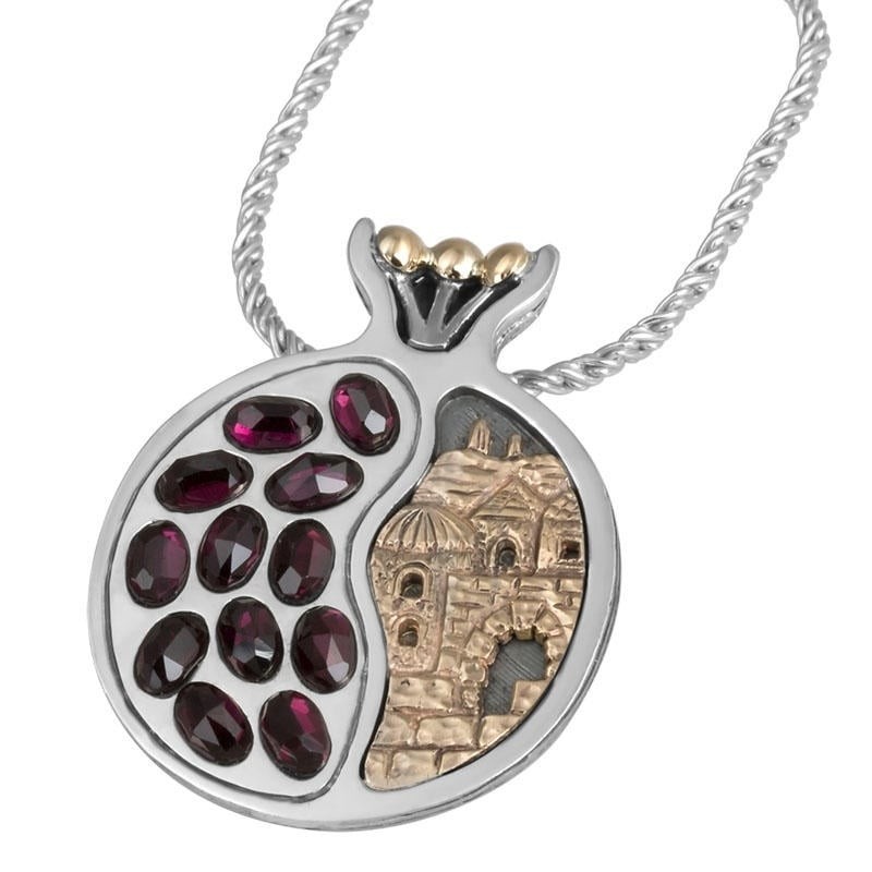 Sterling Silver and 9K Gold Pomegranate Necklace with Garnet Stones -