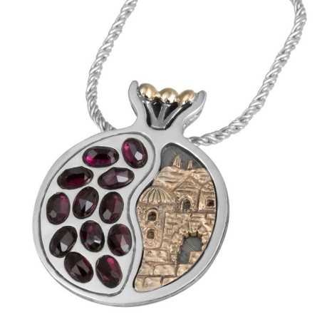 Sterling Silver and 9K Gold Pomegranate Necklace with Garnet Stones -