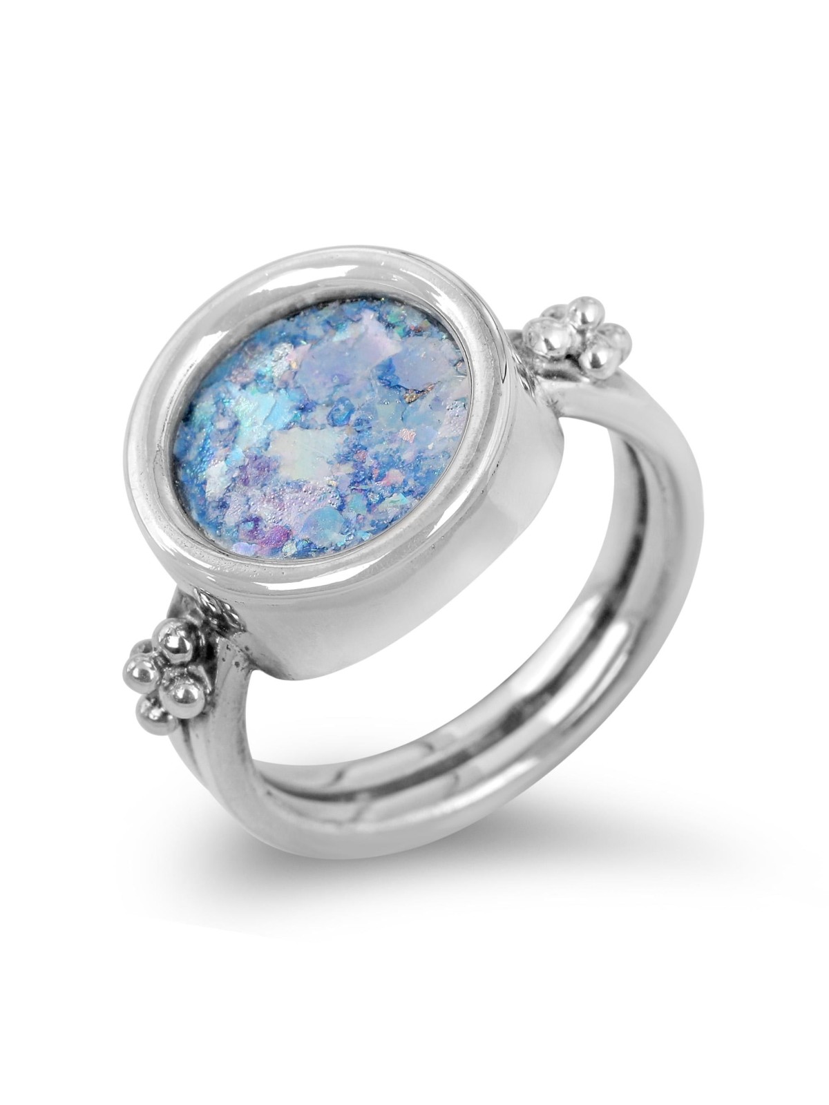 Bague en argent sterling et verre romain avec perles d’argent