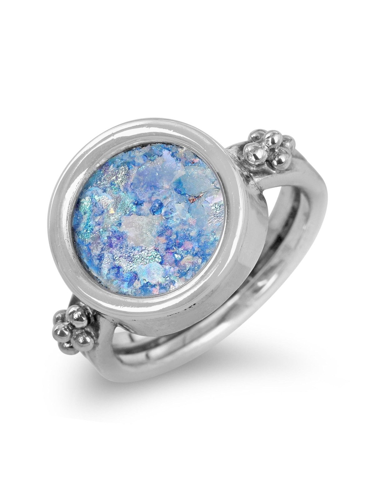Bague en argent sterling et verre romain avec perles d’argent