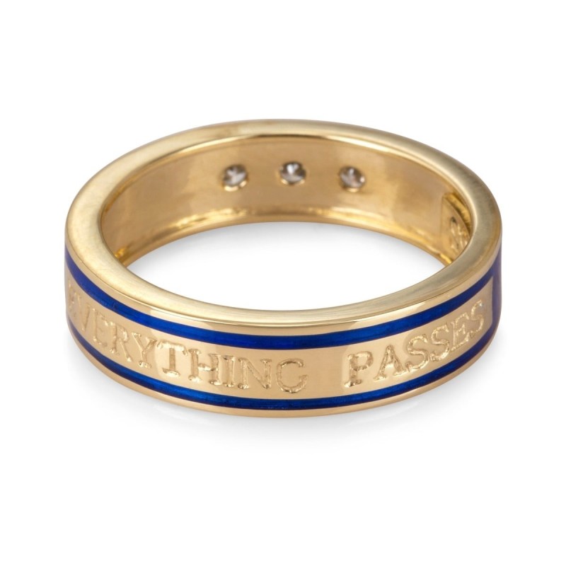 14K Yellow Gold and Blue Enamel 'This Too Shall Pass' Men's Ring With