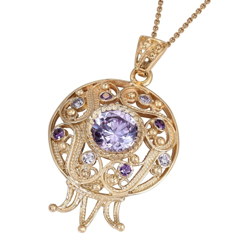 Rafael Jewelry 14K Gold Filigree Pomegranate Necklace with Amethysts