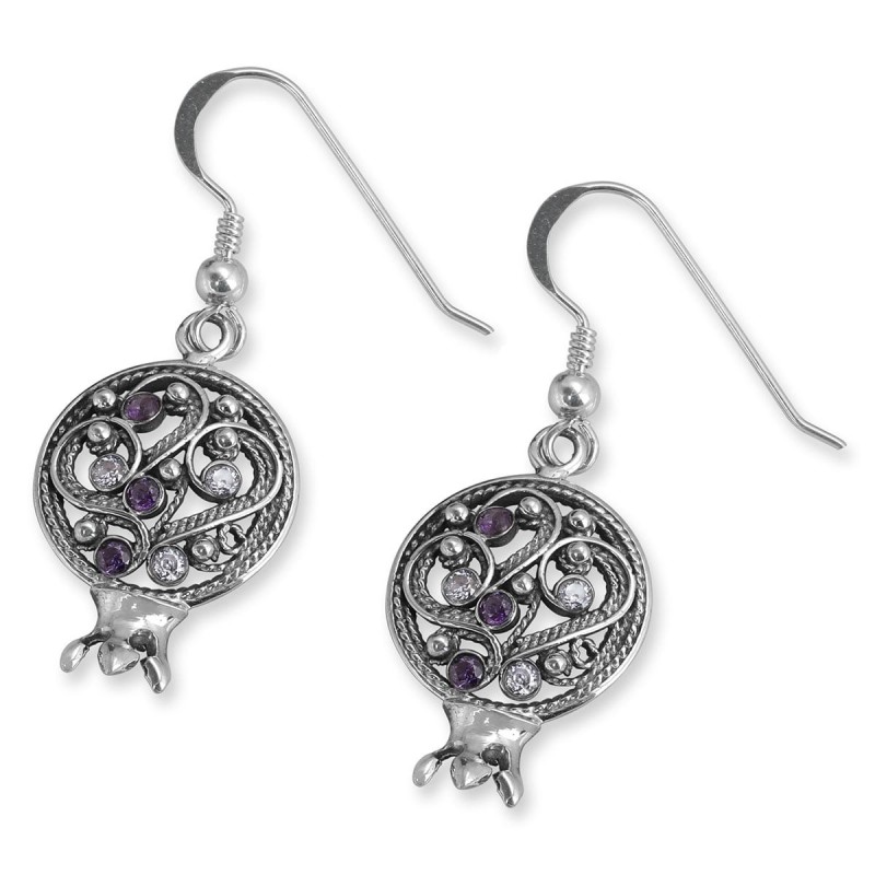 925 Sterling Silver Pomegranate Earrings With Filigree Design and Amet