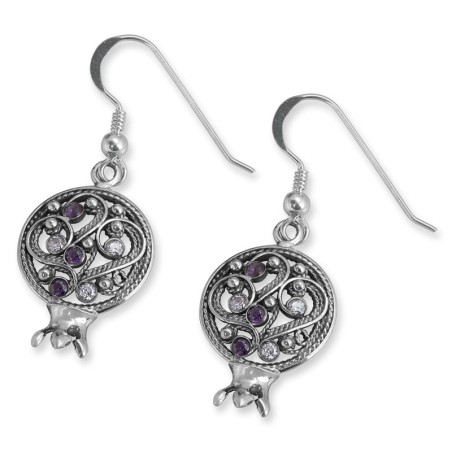 925 Sterling Silver Pomegranate Earrings With Filigree Design and Amet