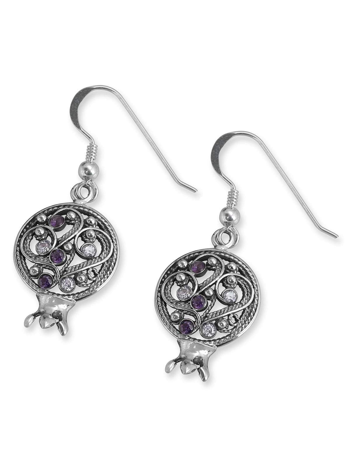 925 Sterling Silver Pomegranate Earrings With Filigree Design and Amet