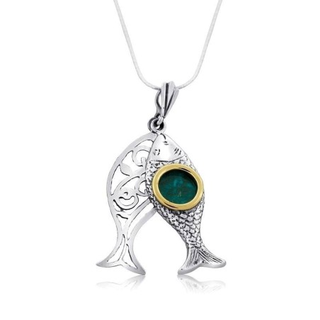 Collier de poisson en pierre d’Eilat, argent et or