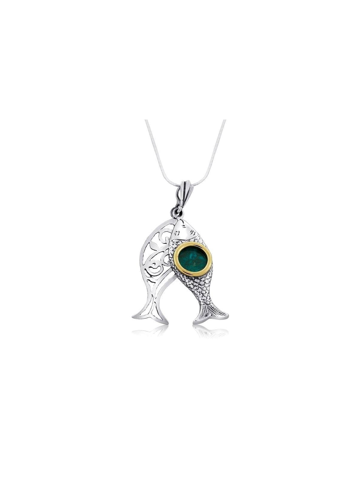 Collier de poisson en pierre d’Eilat, argent et or
