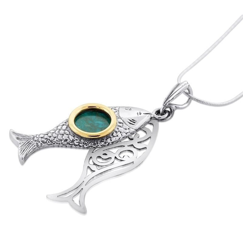 Collier de poisson en pierre d’Eilat, argent et or
