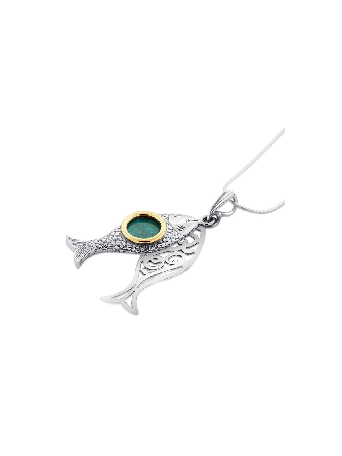 Collier de poisson en pierre d’Eilat, argent et or