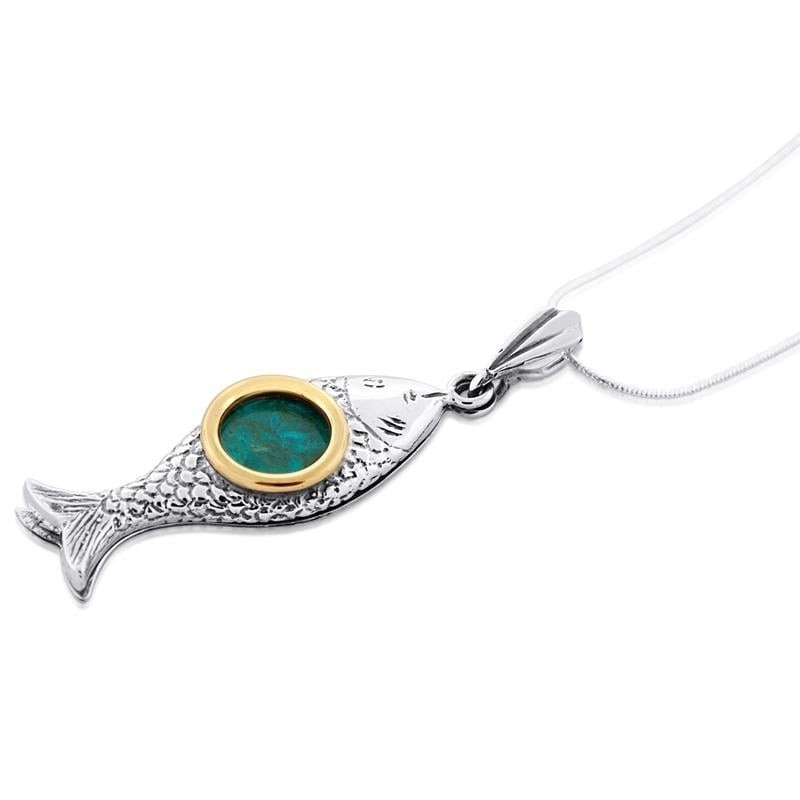 Collier de poisson en pierre d’Eilat, argent et or