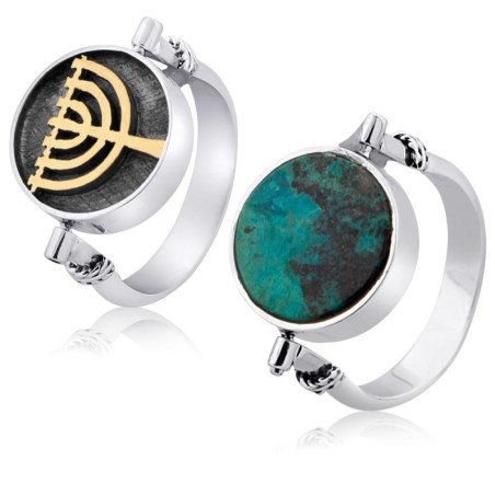 Bague en argent double face avec pierre d'Eilat et menorah dorée