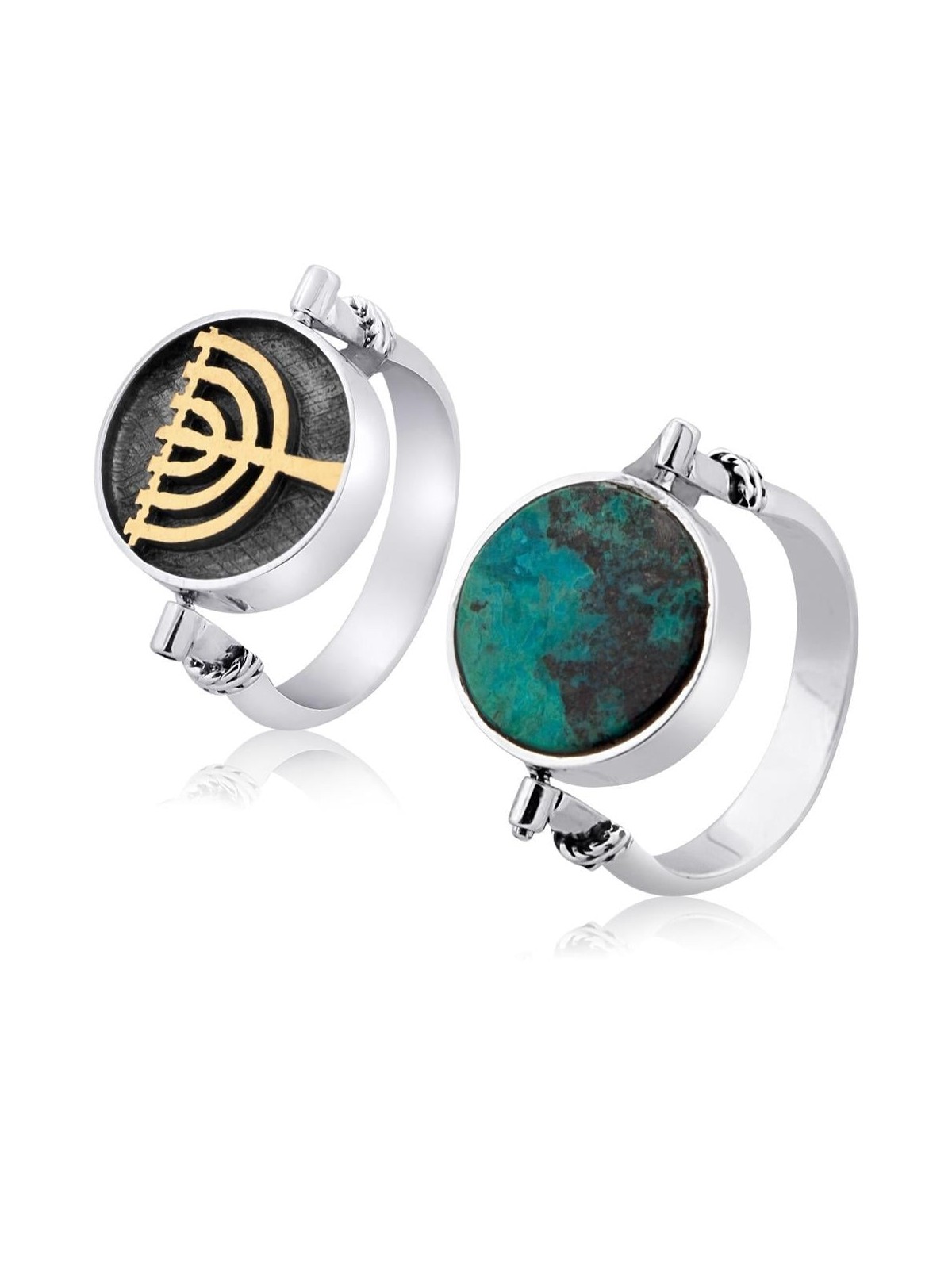Eilat Stone and Gold Menorah Double Sided Silver Ring