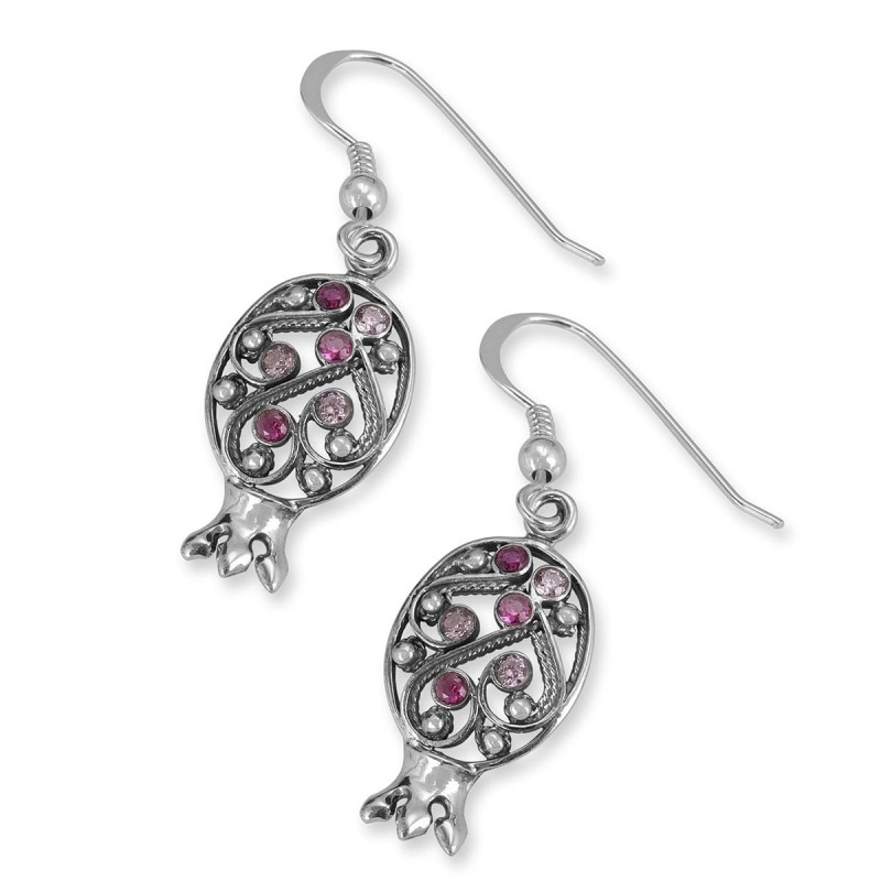 Boucles d'oreilles grenade en argent sterling 925 avec motif en filigrane et pierres précieuses