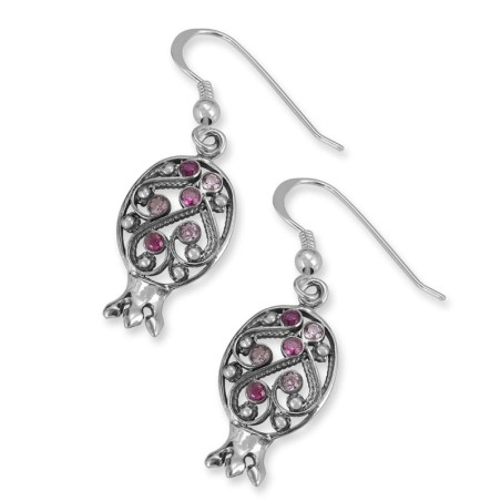 Boucles d'oreilles grenade en argent sterling 925 avec motif en filigrane et pierres précieuses