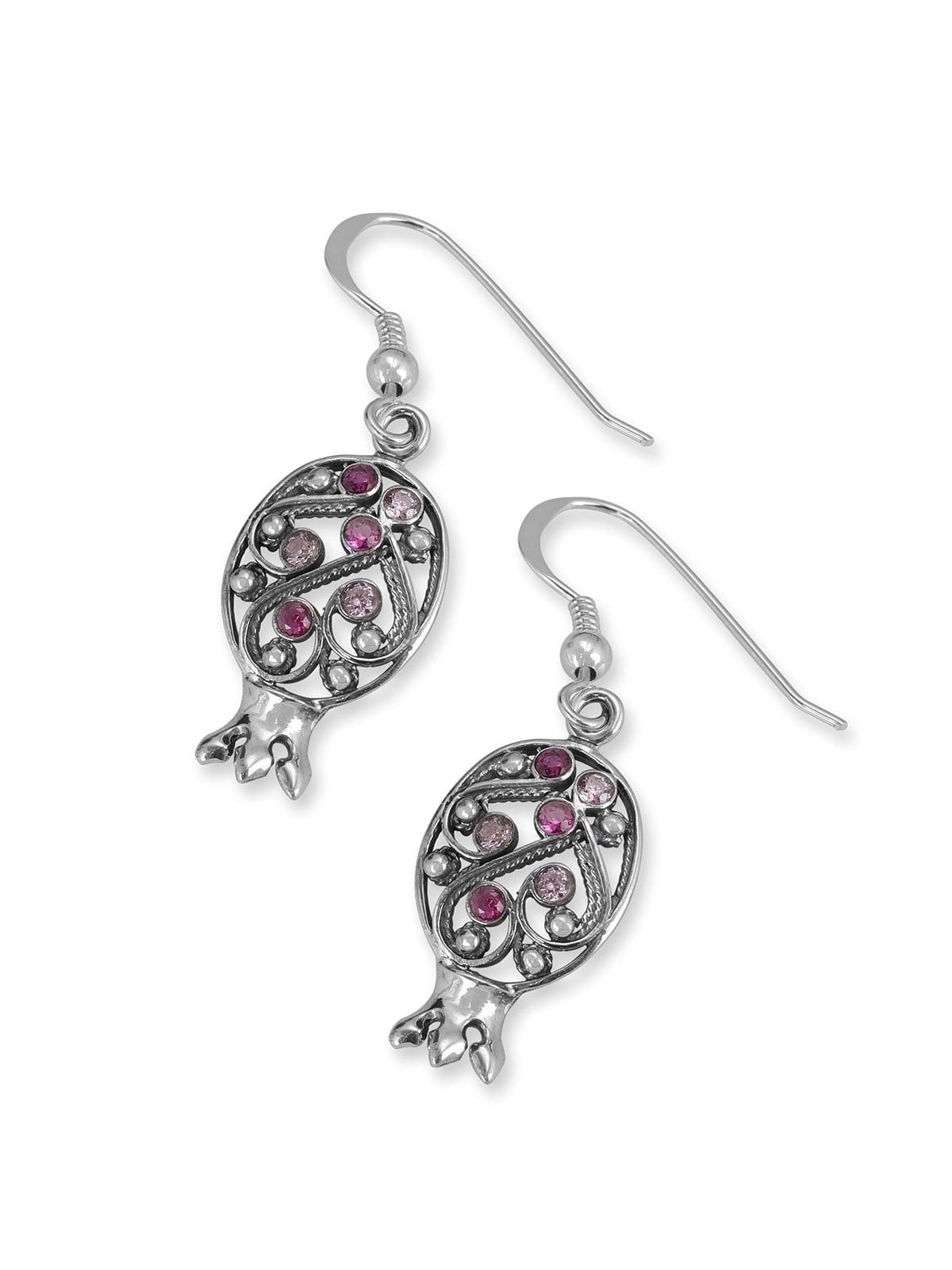 Boucles d'oreilles grenade en argent sterling 925 avec motif en filigrane et pierres précieuses