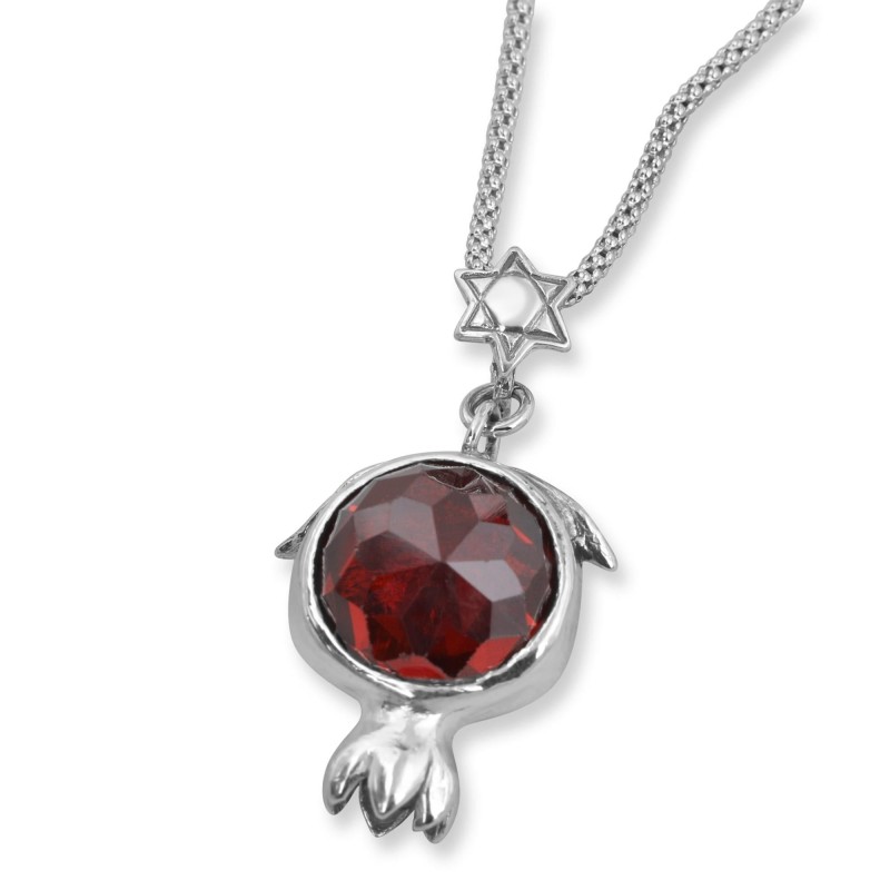 Sterling Silver and Garnet Pomegranate Necklace with Star of David Det
