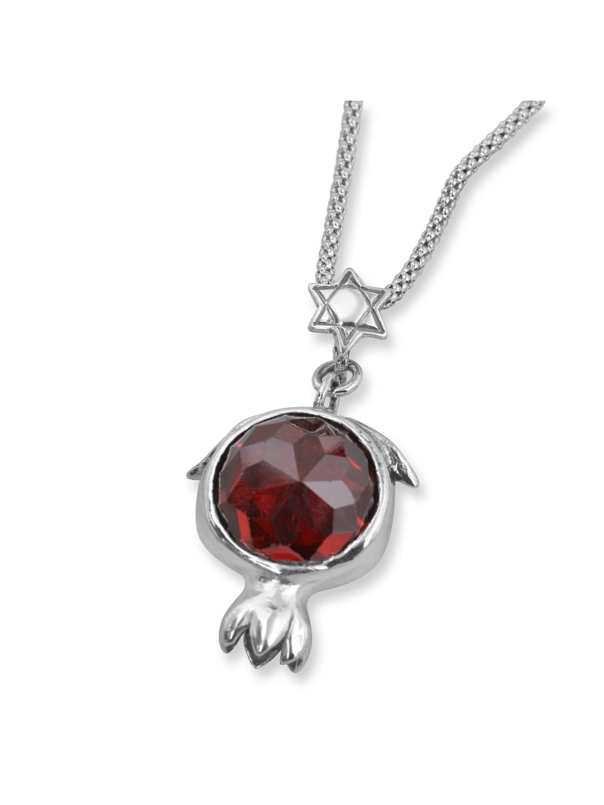 Sterling Silver and Garnet Pomegranate Necklace with Star of David Det
