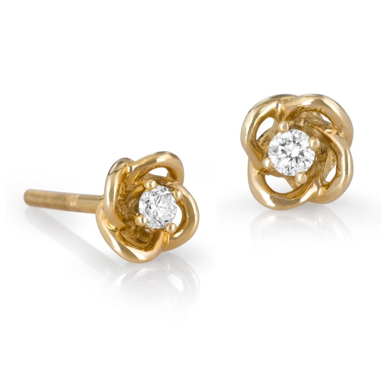 Boucles d'oreilles à tige en diamant à 4 griffes en or 14 carats avec un design noué chic (Cho