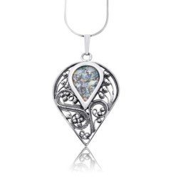 Collier en forme de larme en verre romain et argent sterling
