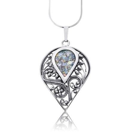 Collier en forme de larme en verre romain et argent sterling