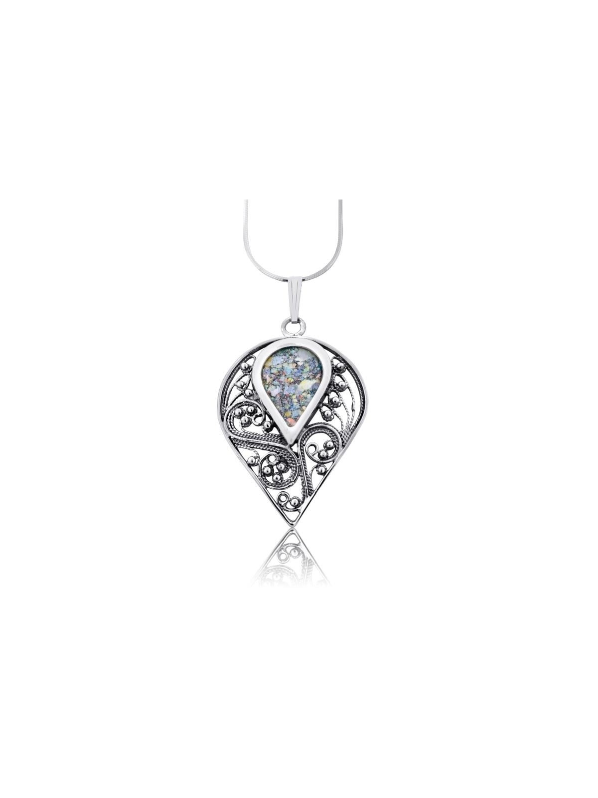 Collier en forme de larme en verre romain et argent sterling