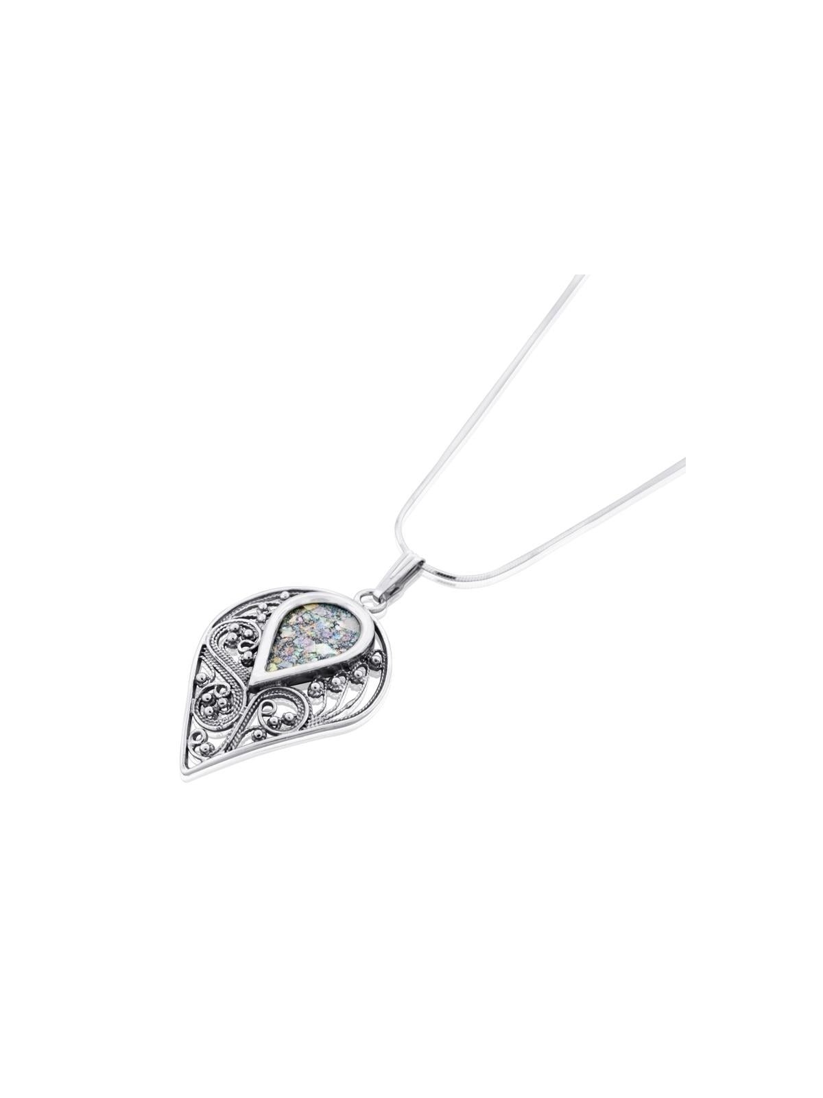 Collier en forme de larme en verre romain et argent sterling
