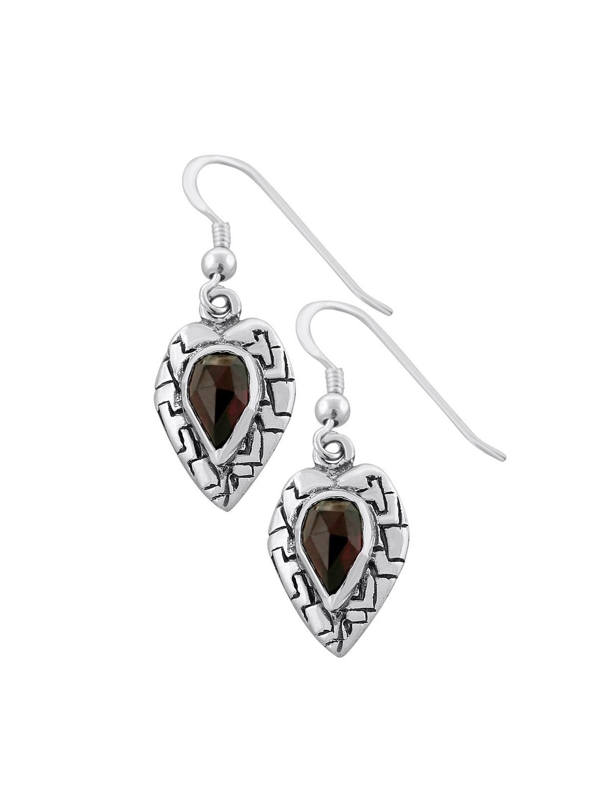 Boucles d'oreilles coeur en argent avec pierre grenat