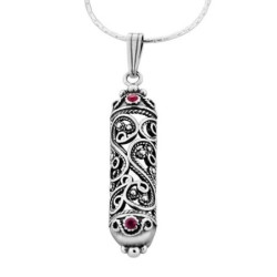 Sterling Silver Filigree Mezuzah Necklace with Ruby Stones