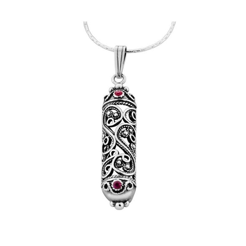 Sterling Silver Filigree Mezuzah Necklace with Ruby Stones