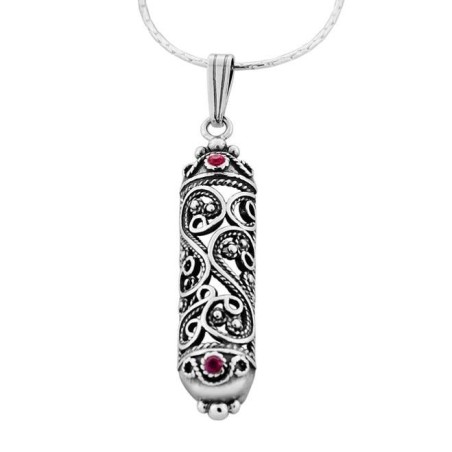 Collier Mezouza en filigrane en argent sterling avec pierres rubis