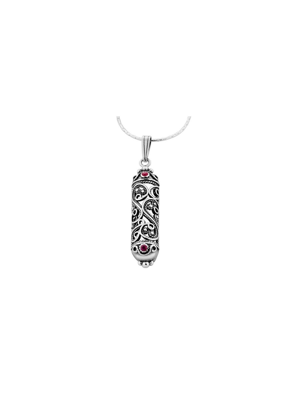 Collier Mezouza en filigrane en argent sterling avec pierres rubis