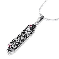 Sterling Silver Filigree Mezuzah Necklace with Ruby Stones