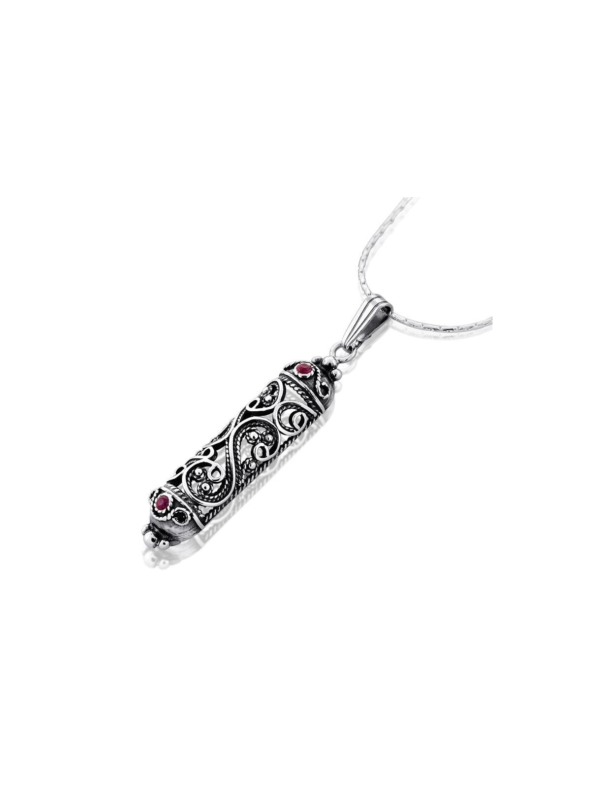 Sterling Silver Filigree Mezuzah Necklace with Ruby Stones