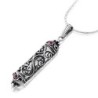Sterling Silver Filigree Mezuzah Necklace with Ruby Stones