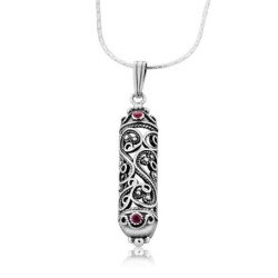 Sterling Silver Filigree Mezuzah Necklace with Ruby Stones
