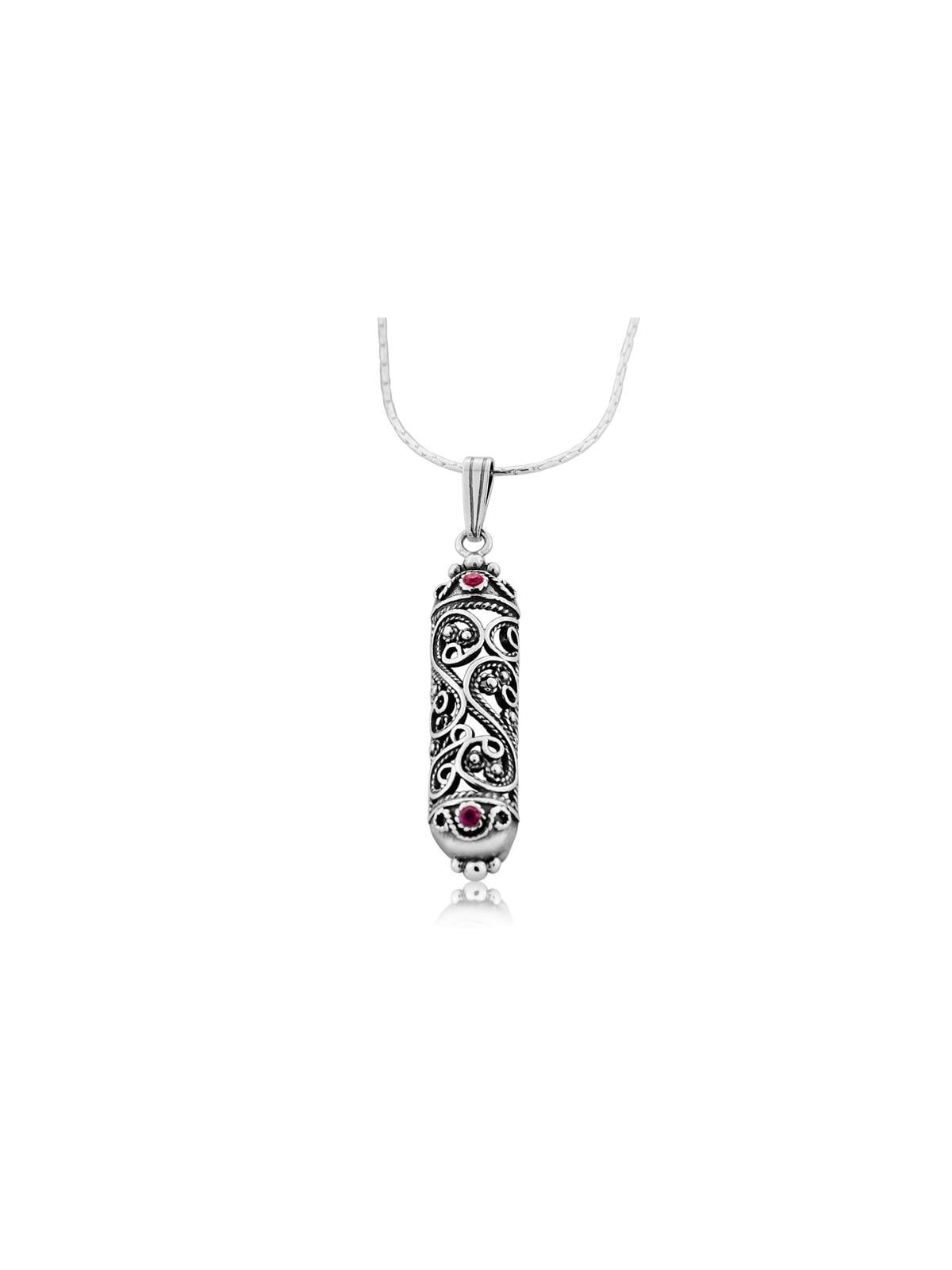 Sterling Silver Filigree Mezuzah Necklace with Ruby Stones