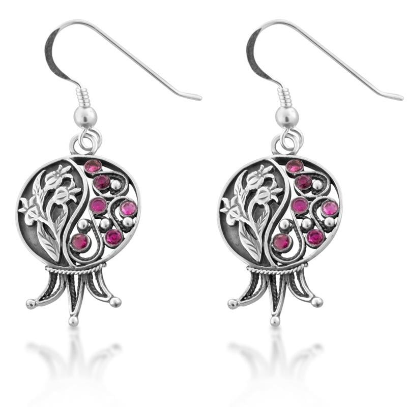 Boucles d'oreilles grenade en filigrane en argent sterling avec pierres précieuses rubis