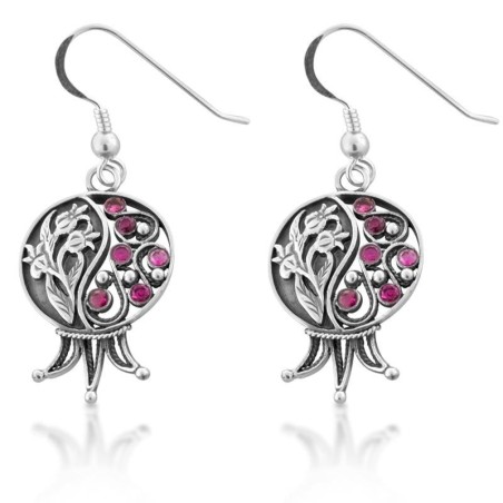 Sterling Silver Filigree Pomegranate Earrings with Ruby Gemstones