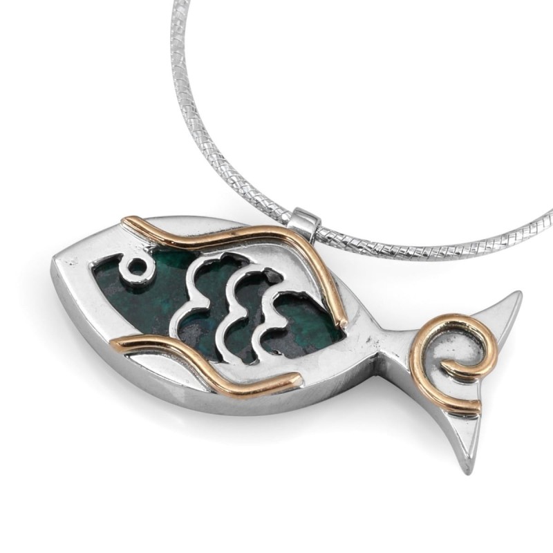 Rafael Jewelry Collier de poisson rempli de pierre d'Eilat, d'argent et d'or