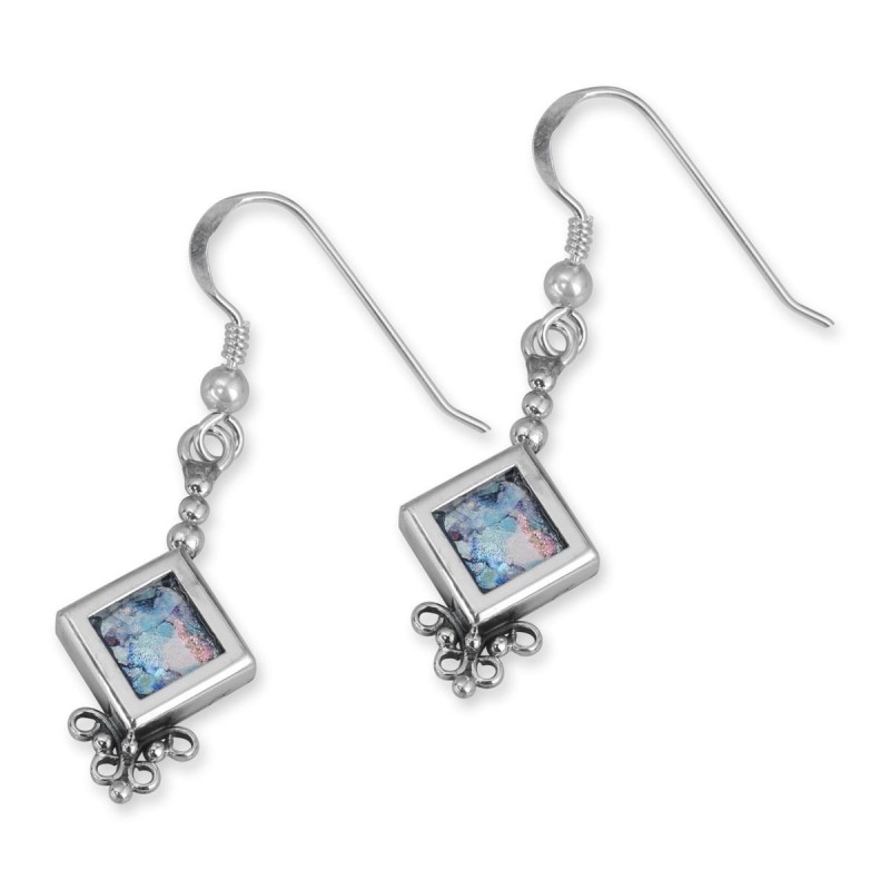 Rafael Jewelry Roman Glass and Silver Diamond Shaped Earrings