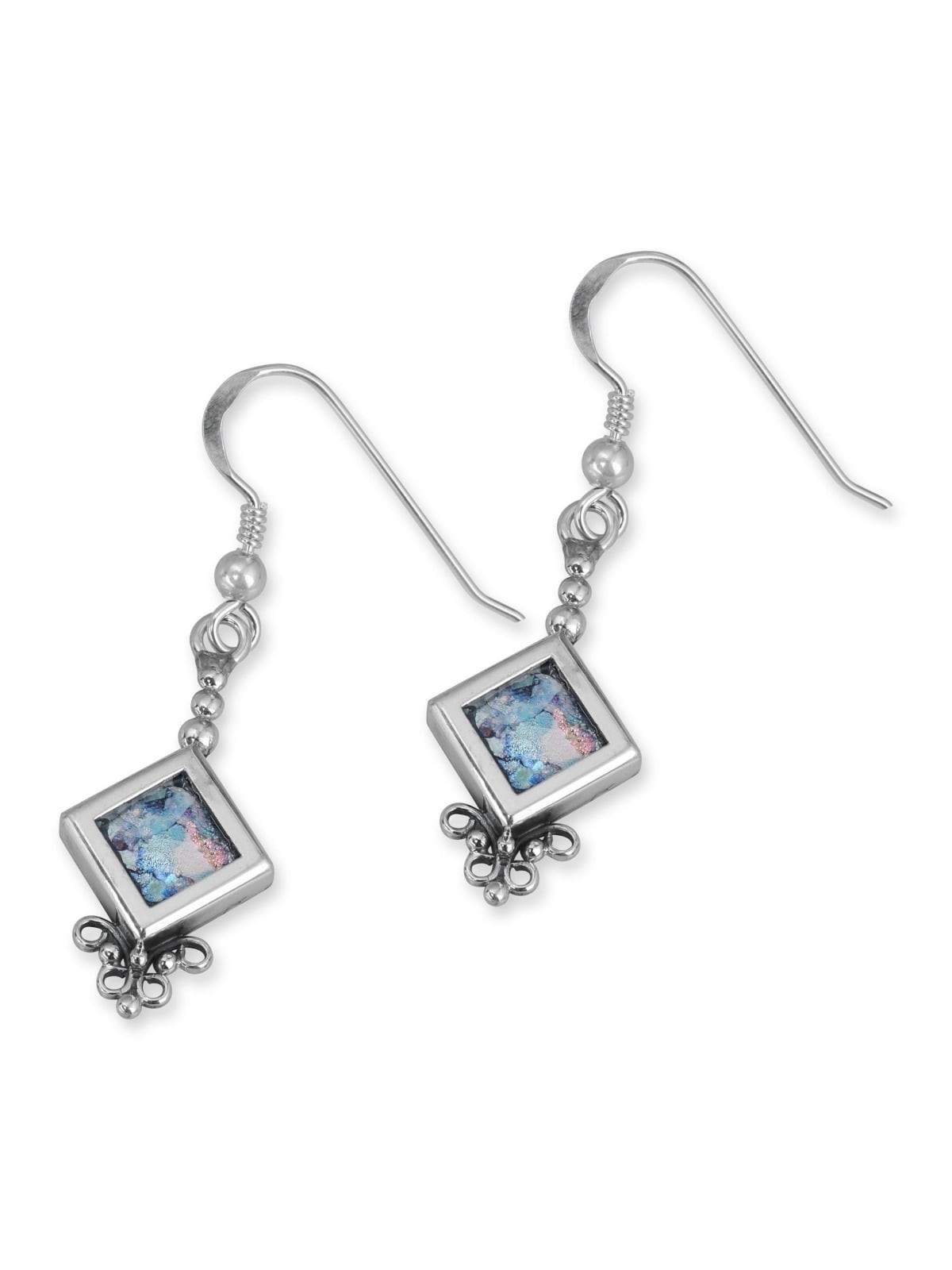 Rafael Jewelry Roman Glass and Silver Diamond Shaped Earrings